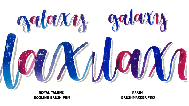 Galaxy lettering samples with both types of brush pens